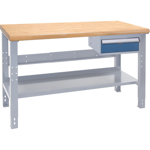 Industrial Duty Workbench, Capacity, 1000 lbs., Configuration, Drawers/Shelf, Height, 34", Width, 60", Laminated Hardwood Top Overall Thickness, 1-3/4", Nose Type, Bullnose