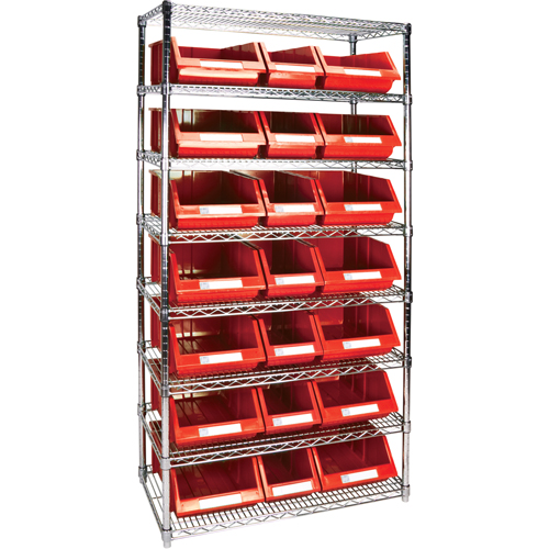 Heavy-Duty Wire Shelving Unit with Storage Bins, Kit Type, Starter, Shelf Capacity, 800 lbs., Overall Capacity, 2000 lbs., No. of Shelves, 8, Bin Size W" x D" x H", 7 7/8 x 17 11/16 x 7, 11 13/16 x 17 11/16 x 7, No. of Bins, 7, 14