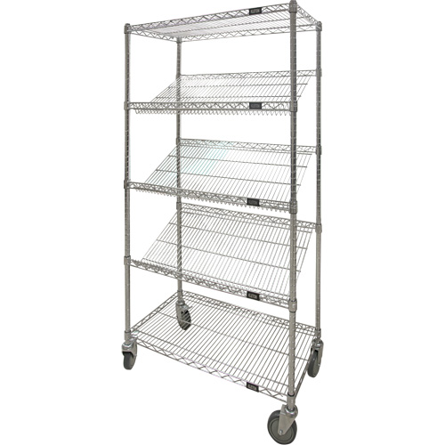 Slanted Shelf Cart, Kit Type, Starter, Shelf Capacity, 400 lbs., Overall Capacity, 800 lbs., No. of Shelves, 5, Includes, (3) slanted shelves; (2) flat shelves; (2) swivel casters; (2) rigid casters, Manufacturer's Warranty, 1 Year Limited