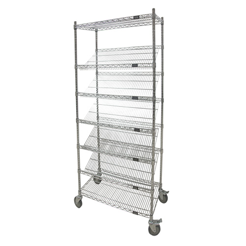 Slanted Shelf Cart, Kit Type, Starter, Shelf Capacity, 400 lbs., Overall Capacity, 800 lbs., No. of Shelves, 7, Includes, (3) slanted shelves; (2) flat shelves; (2) swivel casters; (2) rigid casters, Manufacturer's Warranty, 1 Year Limited