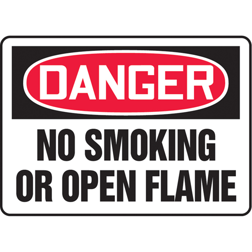 "No Smoking Or Open Flame" Sign, Material, Vinyl, Height, 7", Width, 10", Display Type, Adhesive, Legend, Danger; No Smoking Or Open Flames