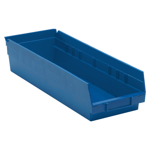 Shelf Bins, Each, Blue, Capacity, 40 lbs., Outside Width, 6-5/8", Outside Depth, 17-7/8", Outside Height, Polypropylene, Inside dimensions (L x W x H), 16-1/2" x 5-1/2" x 4", Reference Number