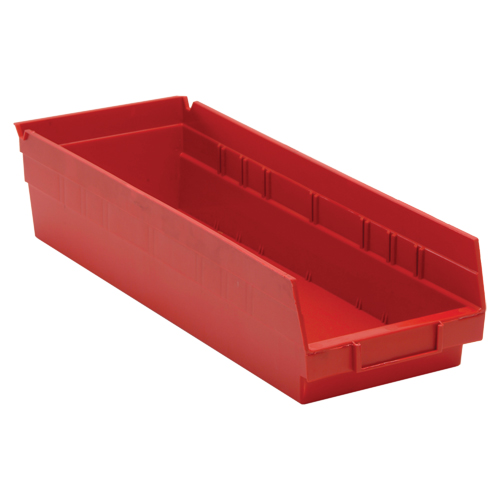 Shelf Bins, Each, Red, Capacity, 40 lbs., Outside Width, 6-5/8", Outside Depth, 17-7/8", Outside Height, Polypropylene, Inside dimensions (L x W x H), 16-1/2" x 5-1/2" x 4", Reference Number