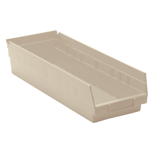 Shelf Bins, Each, Beige, Capacity, 40 lbs., Outside Width, 6-5/8", Outside Depth, 17-7/8", Outside Height, Polypropylene, Inside dimensions (L x W x H), 16-1/2" x 5-1/2" x 4", Reference Number