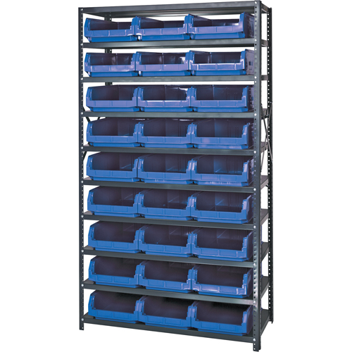 Shelving Unit with Stacking Bins, Each, Starter, No. of Shelves, 10, Shelf Capacity, 650 lbs., Material, Steel, Width, 27, Bin Colour, Blue, Bin Dimensions