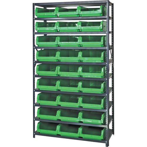 Shelving Unit with Stacking Bins, Each, Starter, No. of Shelves, 10, Shelf Capacity, 650 lbs., Material, Steel, Width, 27, Bin Colour, Green, Bin Dimensions