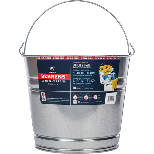 Pail, Each, Galvanized Steel, Capacity, 9 L, 30, Dimensions, 10.75"L × 10.75"W × 9.25"H