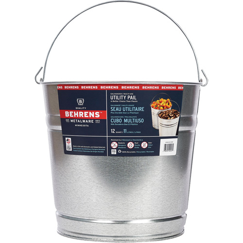 Pail, Each, Galvanized Steel, Capacity, 11 L, 30, Dimensions, 11.25"L × 11.25"W × 10"H