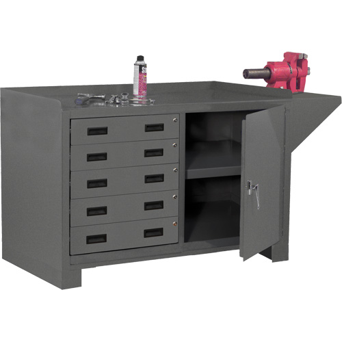 Stationary Workstation, Each, 60-1/8", Depth, 24-1/4", Height, 36-1/4", Work Surface, Steel, 5, Drawer Dimensions, (2) 20-7/16" x 14-11/16" x 5-7/8", (3) 20-7/16" x 14-11/16" x 3-7/8", No. of Shelves