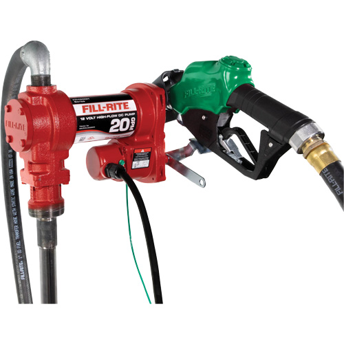 Flow Rate, 20 GPM, 1" NPTF, Amperage, 19 A, Hose Length, 12', Outlet, 1" NPT, 12V DC, Compatible Fluids, Diesel, Kerosene, Biodiesel up to B20, Gasoline up to E15, Mineral Spirits, Mounting Size