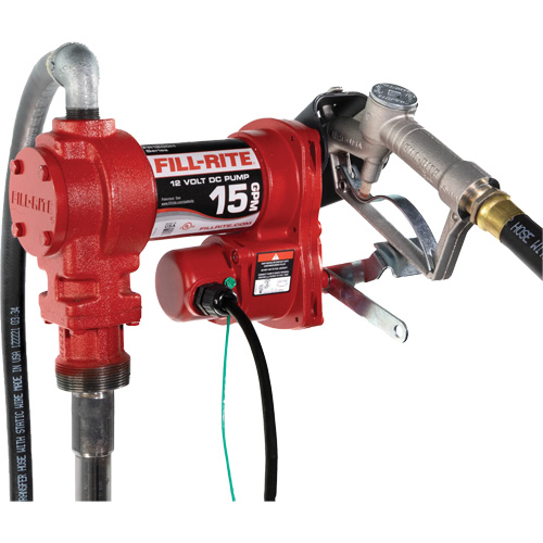 Flow Rate, 15 GPM, 1" NPTF, Amperage, 20 A, Hose Length, 12', Outlet, 3/4" NPT, 12V DC, Compatible Fluids, Diesel, Kerosene, Biodiesel up to B20, Gasoline up to E15, Mineral Spirits, Mounting Type