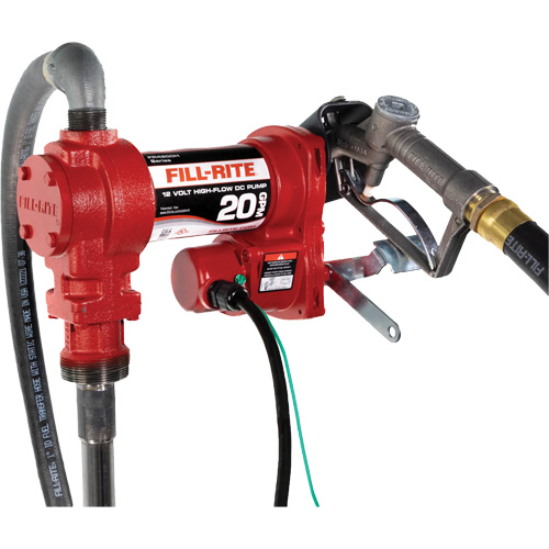 12V DC Fuel Transfer Pump with Nozzle, Flow Rate, Inlet, 1" NPTF, Amperage, 19 A, Hose Length, 12', Outlet, 1" NPT, Power Type, 12V DC, Compatible Fluids, Diesel, Kerosene, Biodiesel up to B20, Gasoline up to E15, Mineral Spirits