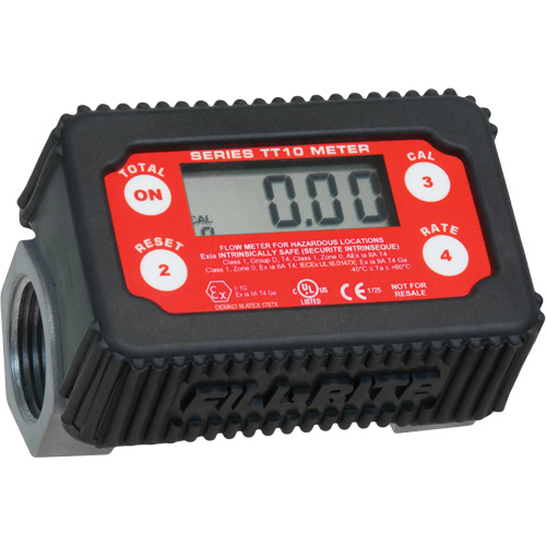 2-35 GPM 4-Digit Digital Fuel Transfer Meter, Compatible Fluids, Diesel, Gasoline, Kerosene, Mineral Spirits, Heptane, Hexane, Non-Potable Water, E85, Inlet Size, 1" NPTF
