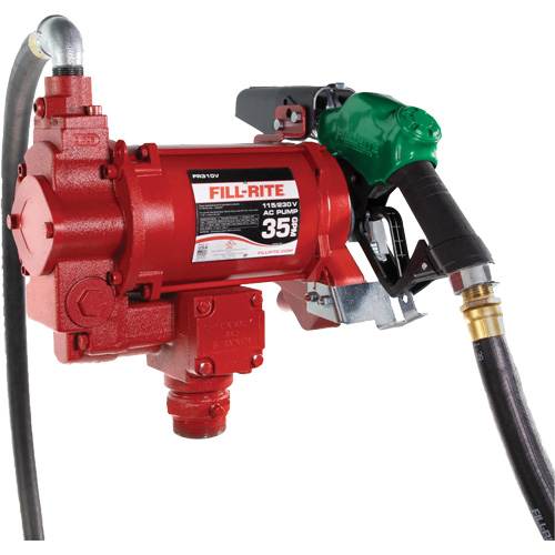115/230V AC Fuel Transfer Pump with Nozzle, Flow Rate, Inlet, 1-1/4" NPTF, Hose Length, 18', Outlet, 1" NPT, Power Type, 115V/230V AC, Compatible Fluids, Diesel, Kerosene, Biodiesel up to B20