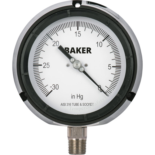 Pressure Gauge, Dial Diameter, 4-1/2", Pressure Range, 30" 0 Hg Vac., Connection, Bottom Mount, Dial Type, Liquid Filled Analogue, NPT, 1/4"