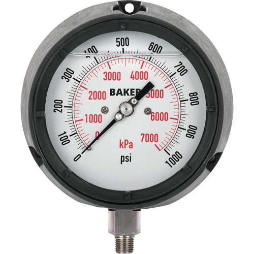 Pressure Gauge, Dial Diameter, 4-1/2", Pressure Range, 0 - 1000 psi, Connection, Bottom Mount, Dial Type, Liquid Filled Analogue, Temperature Rating, -50° - 170° F, Connection Thread, 1/4" NPT