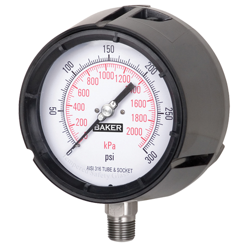 Pressure Gauge, Dial Diameter, 4-1/2", Pressure Range, 0-300 psi/0-2100 kPa, Connection, Bottom Mount, Dial Type, Liquid Filled Analogue, NPT, 1/2"
