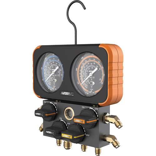 3-1/8", Pressure Range, 500 - 800 psi, Connection, Bottom Mount, Dial Type, Analogue, Manifold Gauge; (4) 5' Hose Set, Refrigerant Type, R-22, R-410A,R-134a, R-404A, Hose Set