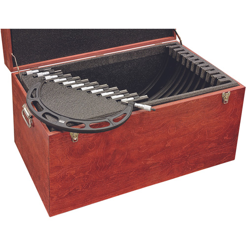 0" - 12" (0 mm - 304.8 mm), 1" - 12" Micrometers in Increments of 1"; 1" - 11" Standards in Increments of 1"; Adjusting wrench; Wood Case, Graduations, 0.0001", Anvil/Spindle Material