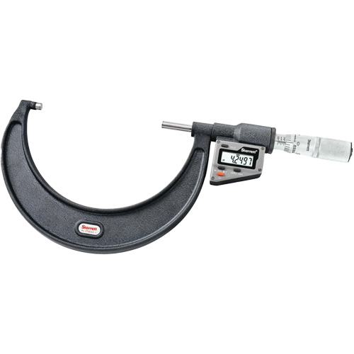 3732 Electronic Micrometer without Output, Each, 4" - 5" (101 mm - 127 mm), Resolution, 0.0001" (0.001 mm), Accuracy ±, 0.00015" (0.004 mm), 3732.1XFL-5 Inch/Metric Electronic Micrometer; CR2032 lithium Battery, Anvil Type, Flat, Spindle Type