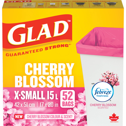 Glad® Cherry Blossom Coloured & Scented Bags, Case of 12, Strong, Dimensions, 17" W x 20" L, Colour, Pink, Material, Polyethylene, Type, X-Small, Manufacturer's Warranty, Glad® Guaranteed Strong