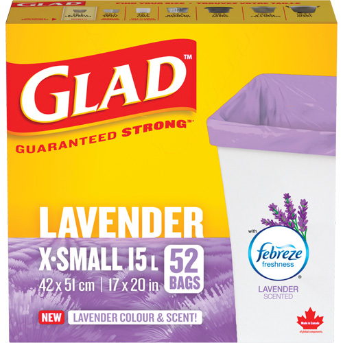 Glad® Lavender Coloured & Scented Bags, Case of 12, Strong, Dimensions, 17" W x 20" L, Colour, Purple, Material, Polyethylene, Type, X-Small, Manufacturer's Warranty, Glad® Guaranteed Strong