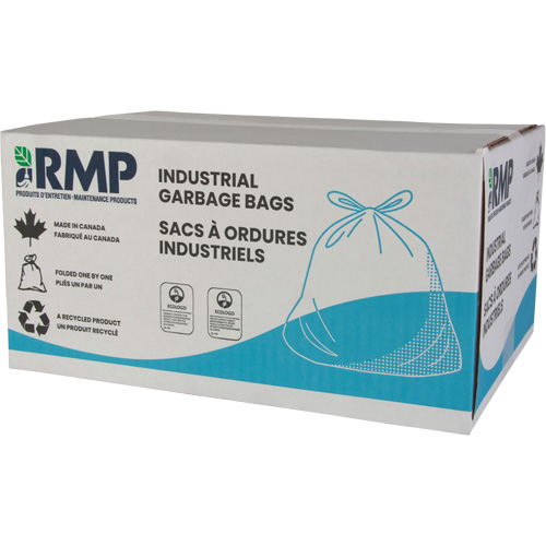 Industrial Garbage Bags, Box of 125, Strong, Dimensions, 35" W x 50" L, Colour, Blue, Thickness, 0.9 mils, Material