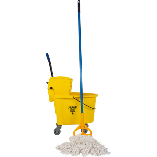 Economical Mop & Bucket Kit with 16 oz. Mop Head, Each, Yellow, Wringer Type, Side Press, Bucket Capacity, 8.75 US Gal.(35 Quart), 60" Fibreglass/Plastic Mop Handle with Clip (JQ146); 8.75 US Gal. Side Press Mop Bucket (JQ797); 16 oz. 4-Ply Narrow Mop Head (JQ786), Mop Weight, 16 oz., Mop Head Style