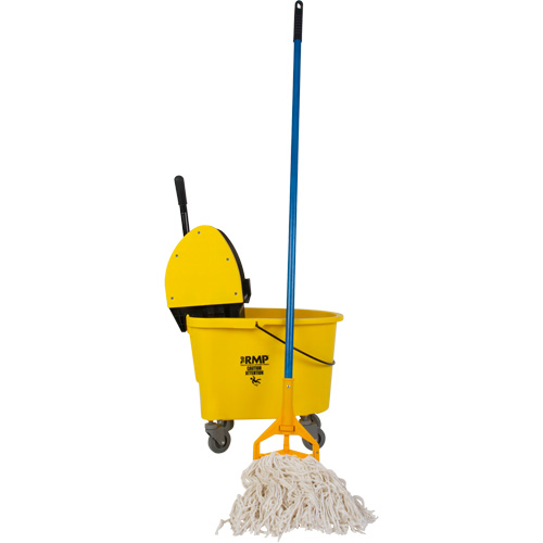 Economical Mop & Bucket Kit with 12 oz. Mop Head, Each, Yellow, Wringer Type, Down Press, Bucket Capacity, 8.75 US Gal.(35 Quart), 60" Fibreglass/Plastic Mop Handle with Clip (JQ146); 8.75 US Gal. Down Press Mop Bucket (JQ798); 12 oz. Wet Floor Mop Head (JQ141), Mop Weight, 12 oz., Mop Head Style