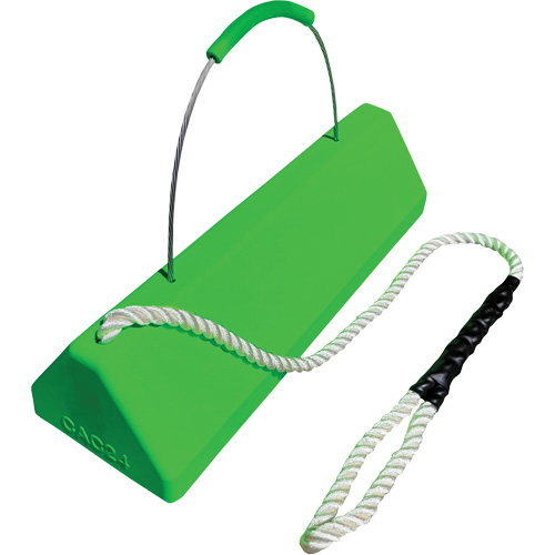Checkers Safety™ SafeRay™  Aircraft Wheel Chock with Loop Rope Cable Handle, Material, Width, 24", Colour, Fluorescent Green, Depth, 8", Height, 6", Handle Material, Polyurethane, Weight, 15 lbs.
