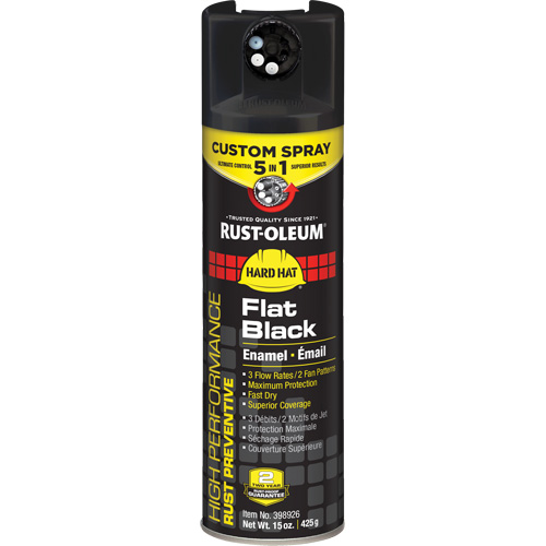 5-in-1 Rust Preventive Spray Enamel, Container Type, Colour Family, Black, Container Size, 15 oz., Net Volume, 15 oz., Finish, Flat Finish, Temperature Resistance, Up to 93°C (200°F), Spray Patterns, Lock, High Output, Standard, Low Output, Vertical Fan, Horizontal Fan