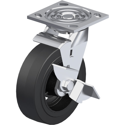 Caster, Each, 6" (152.4 mm), Capacity, 500 lbs. (227 kg.), Wheel Material, Mold-on Rubber, Caster Type, Swivel with Brake, Frame Material, 2 5/8" x 3 5/8"