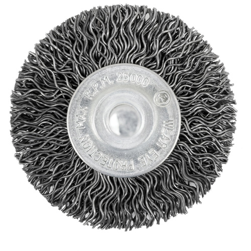 105-2 Shaft Mounted Crimped Radial Brush, Brush Diameter, 2", Fill Diameter, .02", Application Type, Steel, Bristle Type, Crimped Wire, Max. Operating Speed, 25000 RPM