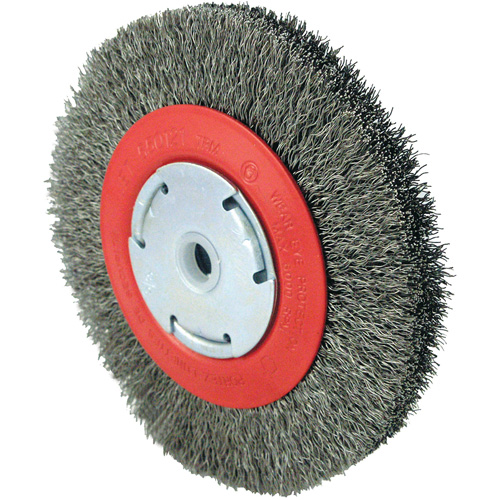 101F-2M Crimped Wire Brush, Brush Diameter, 6", Face Width, 7/8", Fill Diameter, 0.014", Application Type, Steel, Bristle Type, Crimped Wire, Max. Operating Speed, 6000 RPM