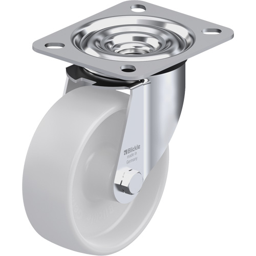 Caster, Wheel Diameter, 4" (101.6 mm), Capacity, 330 lbs. (150 kg.), Wheel Material, Nylon, Caster Type, Swivel, Wheel Colour, Natural White, Bearing Type, Plain Bore
