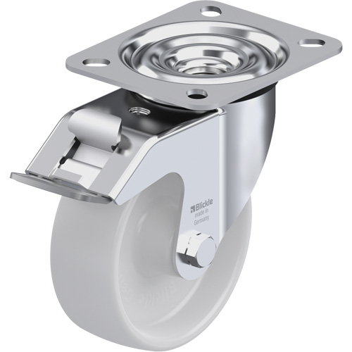 Caster, Wheel Diameter, 4" (101.6 mm), Capacity, 330 lbs. (150 kg.), Wheel Material, Nylon, Caster Type, Swivel with Brake, Wheel Colour, Natural White, Bearing Type, Plain Bore