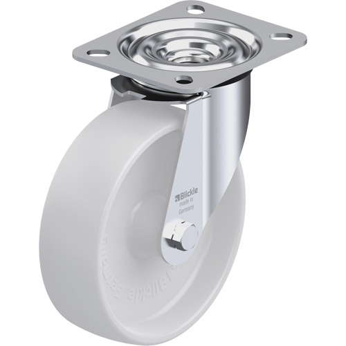 Caster, Wheel Diameter, 5" (127 mm), Capacity, 330 lbs. (150 kg.), Wheel Material, Nylon, Caster Type, Swivel, Wheel Colour, Natural White, Bearing Type, Plain Bore