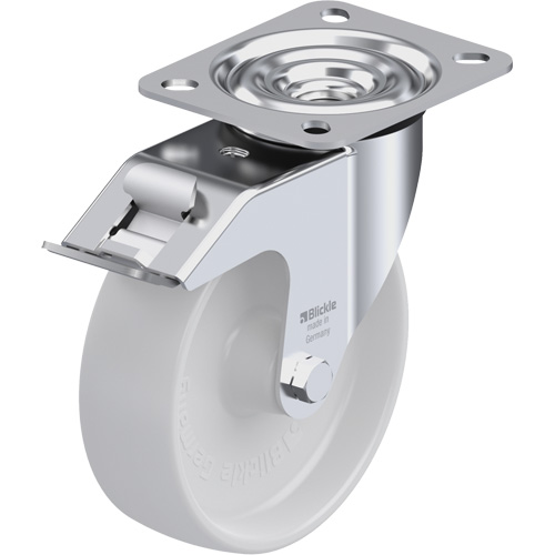 Caster, Wheel Diameter, 5" (127 mm), Capacity, 330 lbs. (150 kg.), Wheel Material, Nylon, Caster Type, Swivel with Brake, Wheel Colour, Natural White, Bearing Type, Plain Bore