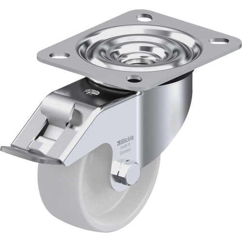 Caster, Wheel Diameter, 3-1/8" (79.5 mm), Capacity, 330 lbs. (150 kg.), Wheel Material, Nylon, Caster Type, Swivel with Brake, Wheel Colour, Natural White, Bearing Type, Plain Bore