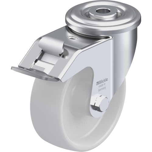 Nylon Caster, Each, 4", Capacity, 330 lbs. (149.685 kg.), Wheel Material, Nylon, Caster Type, Swivel with Brake, Frame Material, Natural White, Plate Size, 2-3/4" (70 mm), Bearing Type