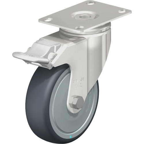 Caster, Each, 4" (101.6 mm), Capacity, 240 lbs. (108 kg.), Wheel Material, Thermoplastic Rubber-Elastomer, Caster Type, Swivel with Brake, Frame Material, 85° Shore A, Bearing Type, Ball Bearing, Total Height