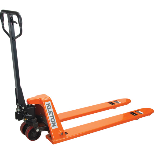 Low Profile Hydraulic Pallet Trucks, Each, 48", Frame Width, 20.5", Capacity, 3300 lbs., Frame Material, Steel, Fork Width, Orange, Manufacturer's Warranty, 2 Years Limited