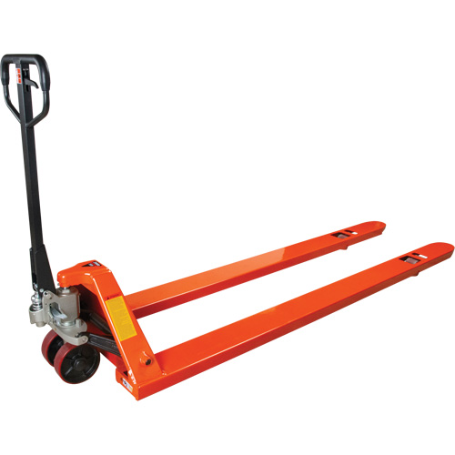 8' Long Fork Hydraulic Pallet Trucks, Each, 96", Frame Width, 27", Capacity, 4400 lbs., Frame Material, Steel, Fork Width, 2-Year Limited, Colour, Orange