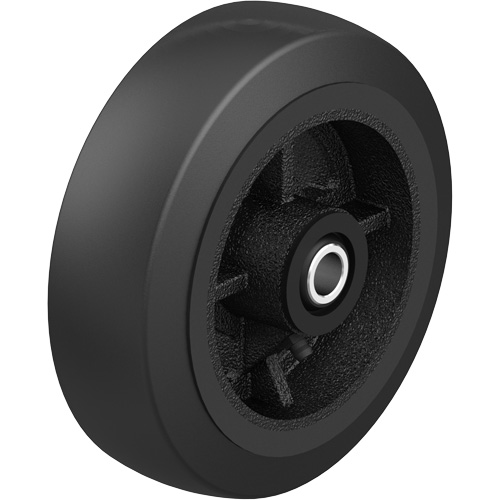 Black Rubber on Black Cast Iron Core Wheel, Each, 12" (304.8 mm), Capacity, 396.8 lbs. (180 kg), Bearing Type, Roller, Tread Width, 2-1/2" (64 mm), 70 mm, Hardness, 75-85 Shore A, Axle Hole