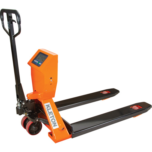 Digital Scale Pallet Truck, Each, 44.5", Frame Width, 27.75", Capacity, 4400 lbs., Frame Material, Steel, Fork Width, 2 Year Limited, Colour, Orange