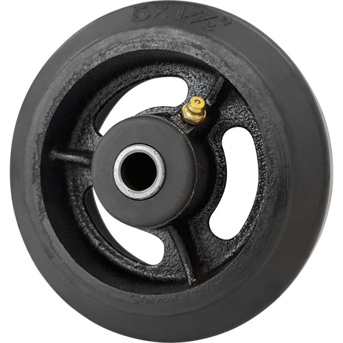 Mold-On Rubber Wheel, Each, 5'' (127 mm), Capacity, 400 lbs. (181 kg.), Bearing Type, Roller, Bore Size, 1/2'', Tread Width, Rubber on Cast Iron, Manufacturer's Warranty, 1 Year, Weight
