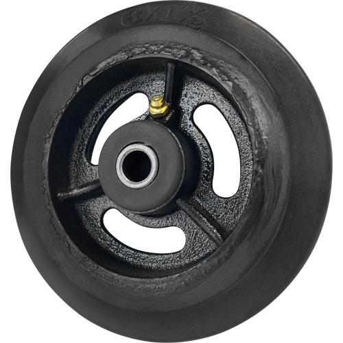Mold-On Rubber Wheel, Each, 6'' (152 mm), Capacity, 450 lbs. (204 kg.), Bearing Type, Roller, Bore Size, 1/2'', Tread Width, Rubber on Cast Iron, Manufacturer's Warranty, 1 Year, Weight