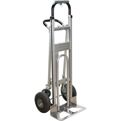 3-in-1 Convertible Hand Truck, Continuous, Frame Material, Aluminum, Nose Plate Dimensions, 18" W x 7-1/2" D, Wheel Material, Pneumatic, Wheel Size, 12"W x 51"L, Overall Height, 52", Overall Width