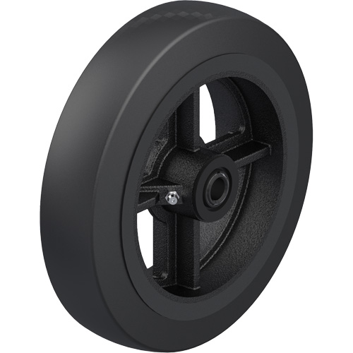 Black Rubber on Cast Iron Core Wheel, Wheel Diameter, Capacity, 600 lbs. (272.155 kg), Bearing Type, Roller, Bore Size, 3/4", Tread Width, 2", Wheel Core, Cast Iron, Black, Temperature Range, -40° - 180° F
