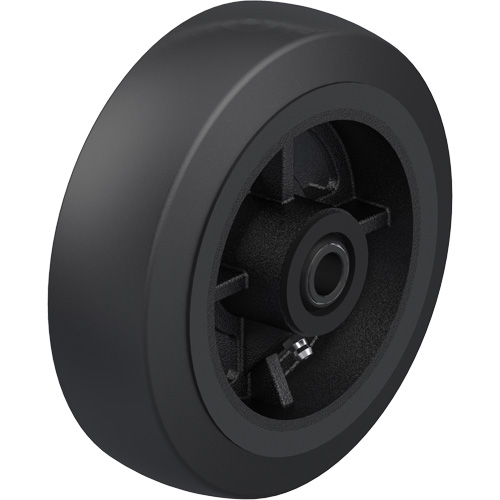 Black Rubber on Cast Iron Core Wheel, Wheel Diameter, Capacity, 550 lbs. (249.476 kg), Bearing Type, Roller, Bore Size, 3/4", Tread Width, 2", Wheel Core, Cast Iron, Black, Temperature Range, -40° - 180° F